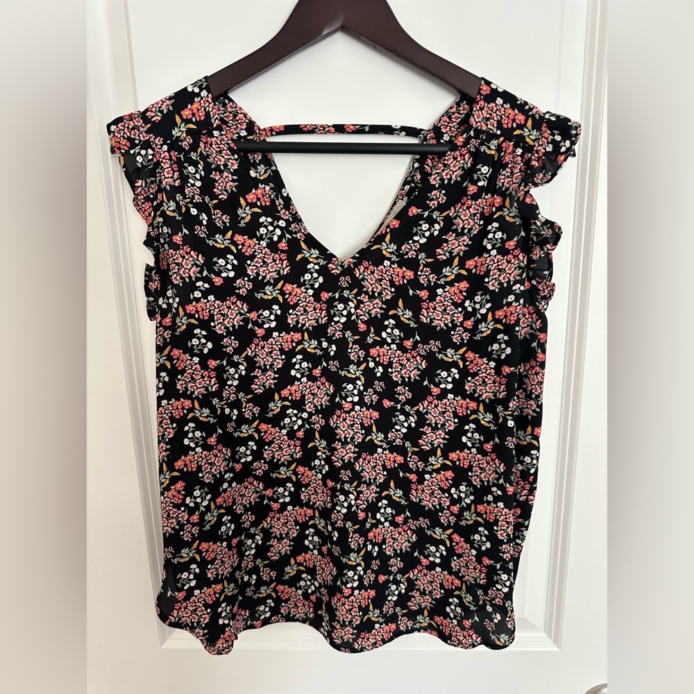 LOFT Pink and Black Ruffled Blouse Size Small